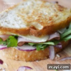 Warm Cheddar, Ham & Arugula Melt 5 A close up of a toasted cheddar, ham and arugula sandwich.