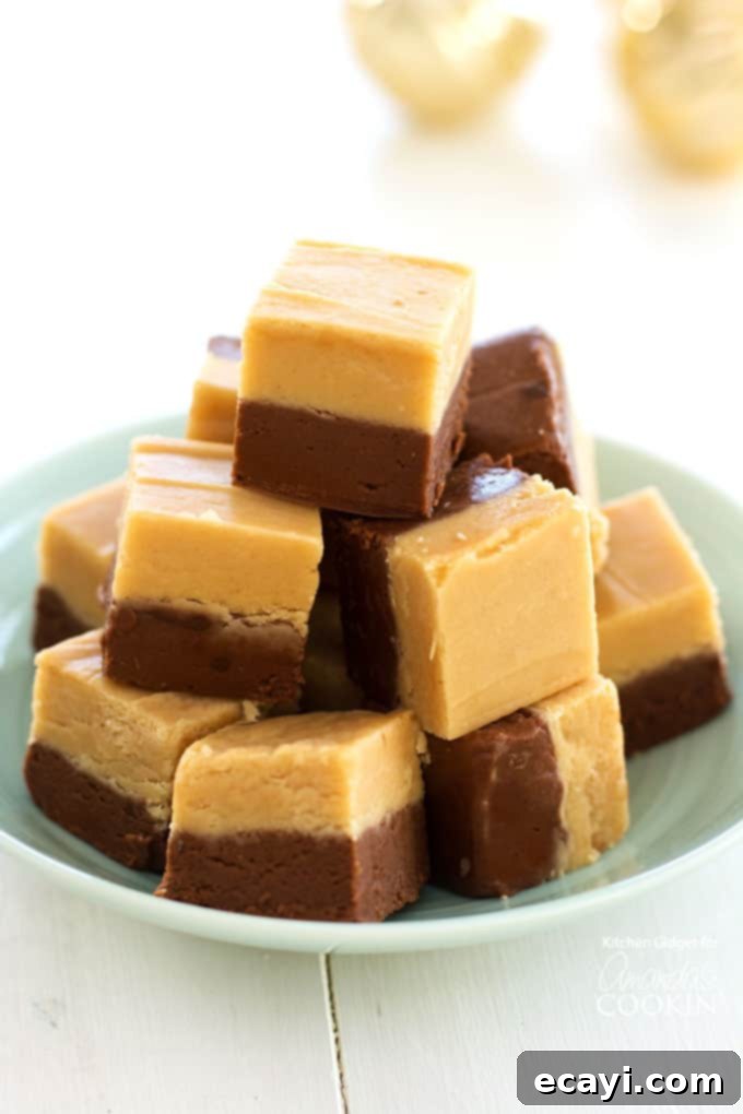 Creamy chocolate chips, rich peanut butter, fluffy marshmallow fluff, and evaporated milk combine with a few more ingredients to create delicious two-layered homemade chocolate peanut butter fudge. A stack of creamy, homemade two-layer chocolate peanut butter fudge squares on a pristine white plate, perfect for holiday gifting or snacking.