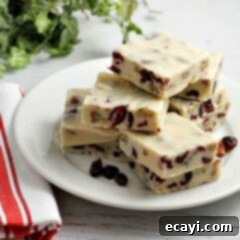 Blissful White Chocolate Cranberry Fudge 7 Squares of white chocolate cranberry fudge on a white plate, showcasing the vibrant cranberries and pecans.