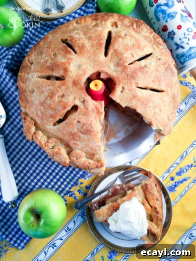 Rustic Apple Pie Perfection 3 A delectable whole homemade apple pie, with a single slice perfectly placed on a plate to its side, showcasing the golden crust and abundant apple filling.
