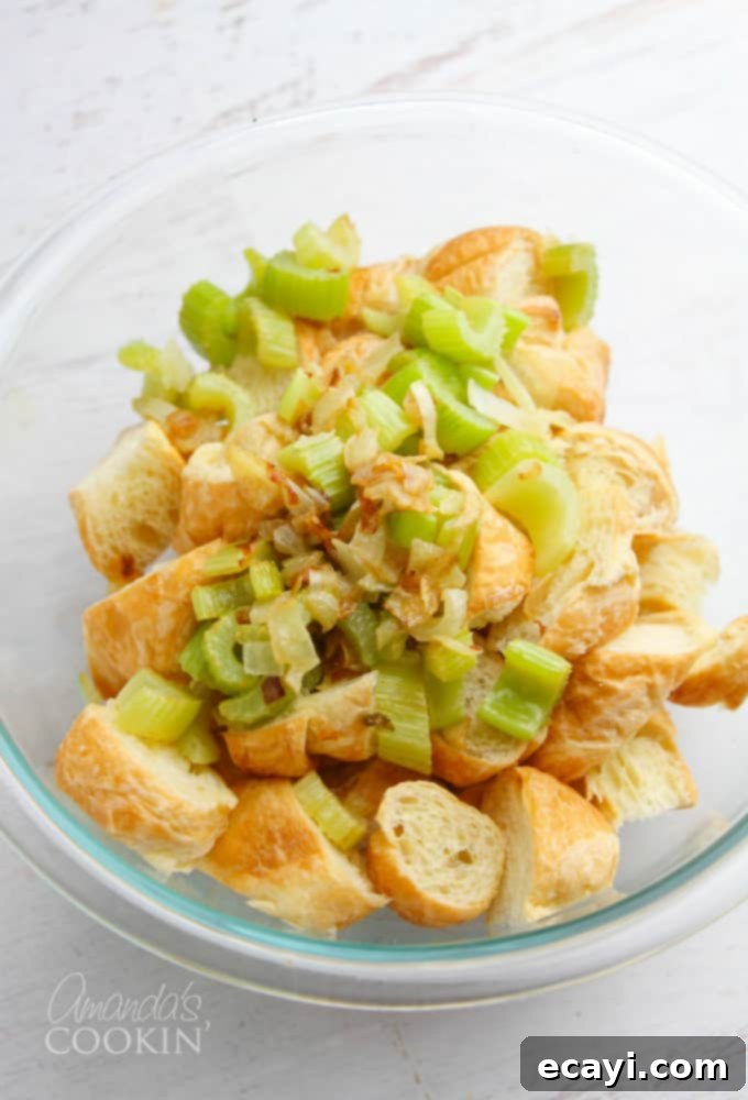Golden Fan-Cut Potatoes 11 Croissant stuffing step 1: Sautéed celery and onions in a frying pan, ready to be combined with other ingredients for the stuffing.