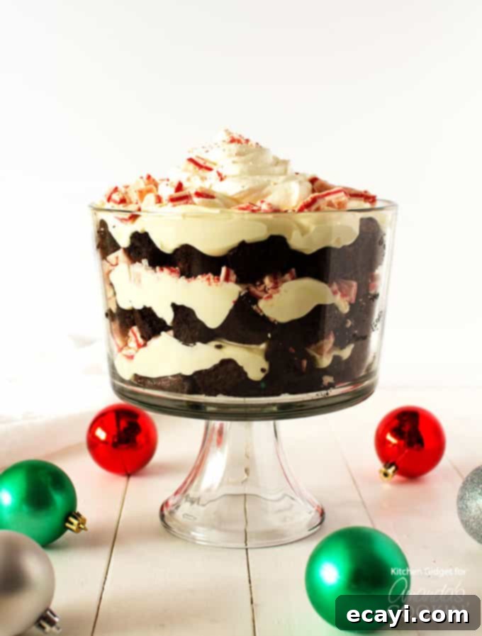 Festive Peppermint Chocolate Trifle 3 Full shot of an elegant chocolate peppermint trifle, perfect for holiday gatherings.