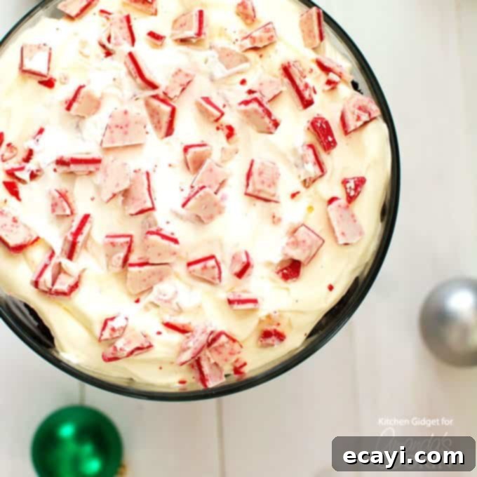 Festive Peppermint Chocolate Trifle 4 Overhead shot of a rich chocolate peppermint trifle, highlighting its vibrant top layer with crushed peppermint candy.