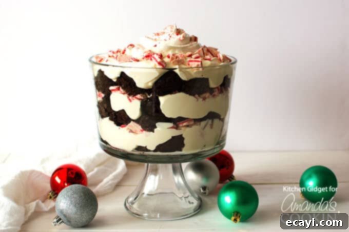 Festive Peppermint Chocolate Trifle 5 Appetizing image of a chocolate peppermint trifle, ready to be served, showing its creamy and crunchy textures.
