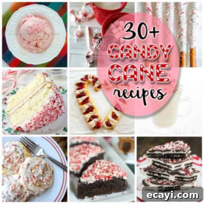 30+ Festive Peppermint and Candy Cane Treats 2 An assortment of photos of candy cane recipes including danishes, cookies, bark, and drinks.