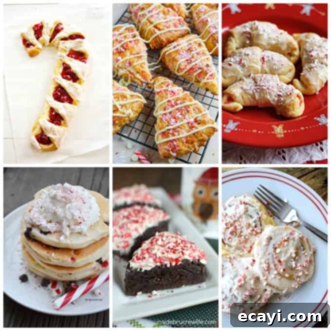30+ Festive Peppermint and Candy Cane Treats 3 Selection of peppermint and candy cane themed breakfast pastries like danish and crescents.