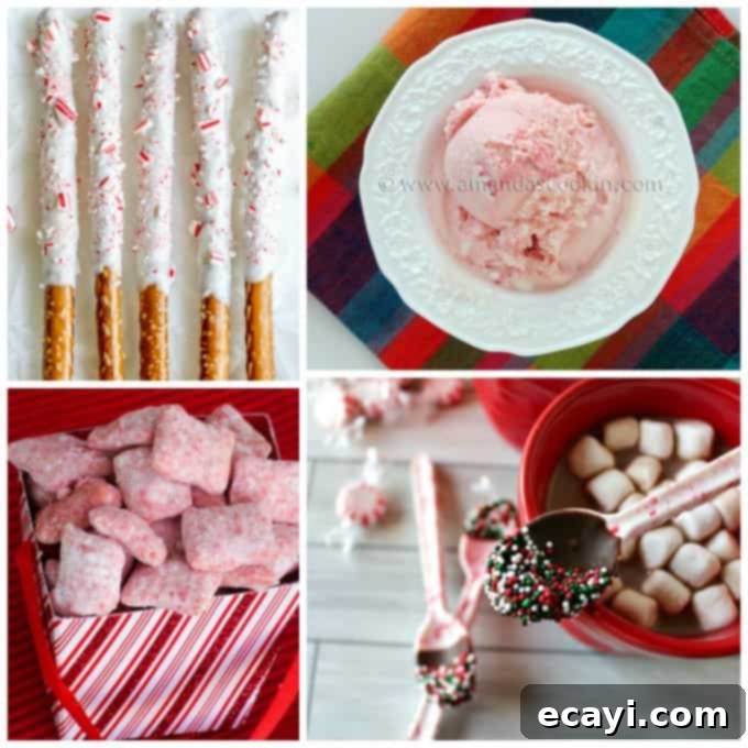 30+ Festive Peppermint and Candy Cane Treats 7 A collage of various peppermint and candy cane treats, including pretzels, ice cream, and puppy chow.