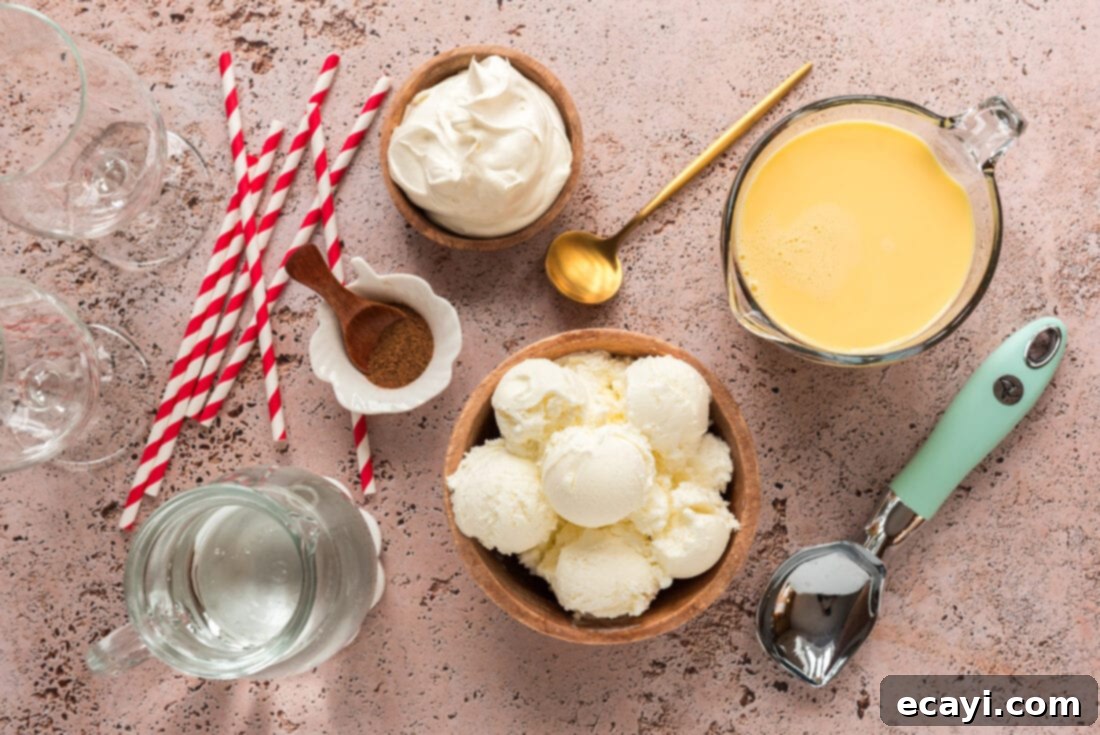Creamy Eggnog Delight 4 A collection of ingredients including eggnog, club soda, and vanilla ice cream, ready for making floats
