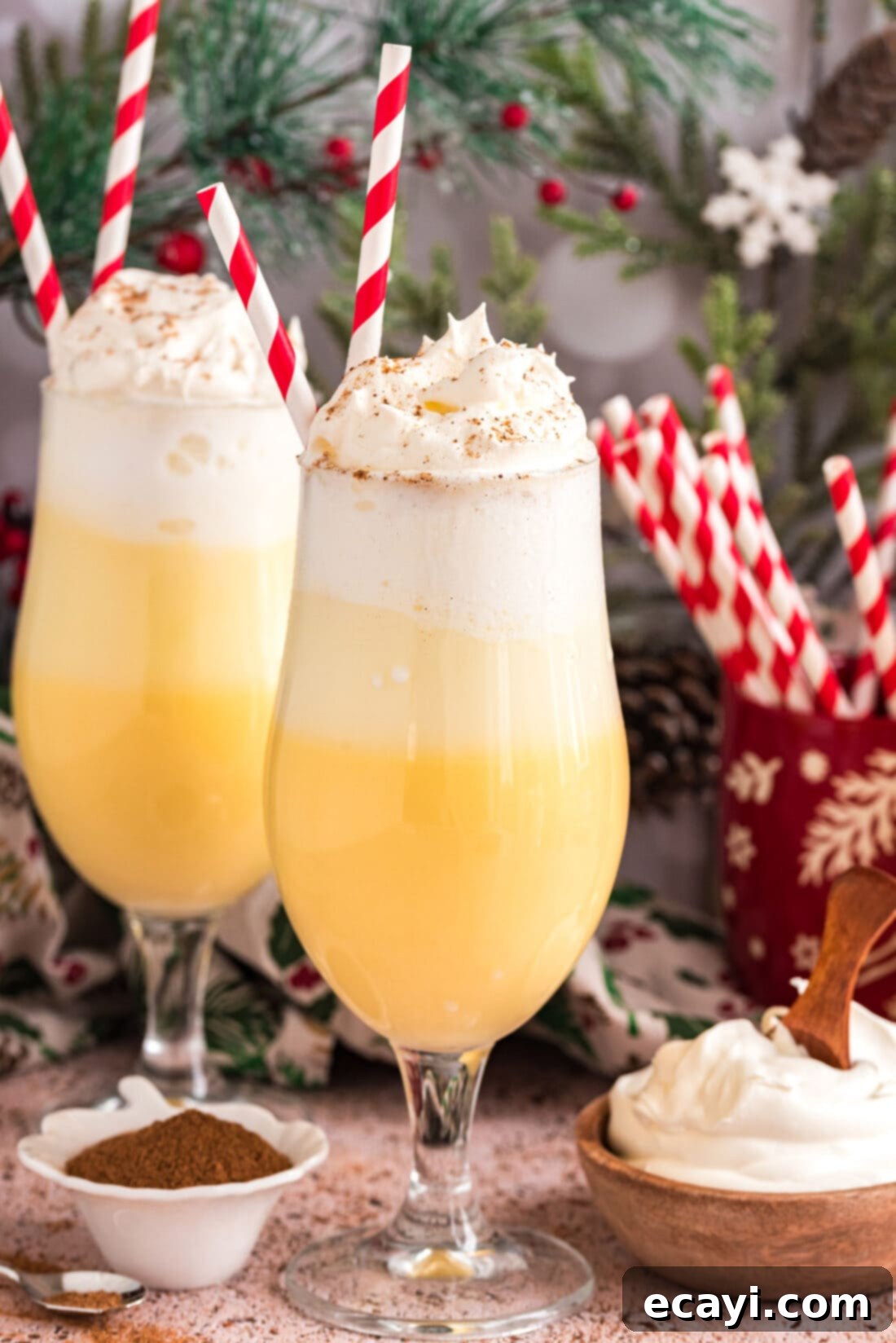 Creamy Eggnog Delight 9 Close up view of a rich, creamy Eggnog Float with a second float artfully blurred in the background
