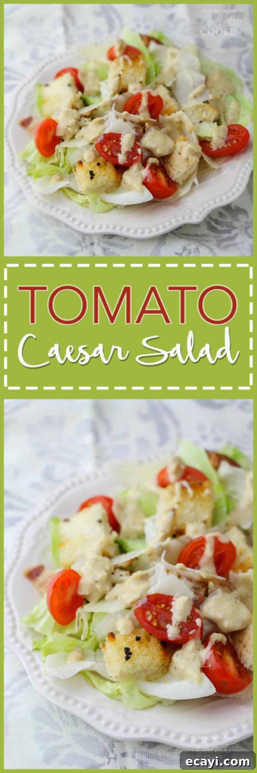 Bright Tomato Caesar Salad 6 Photos of tomato Caesar salad on a plate.