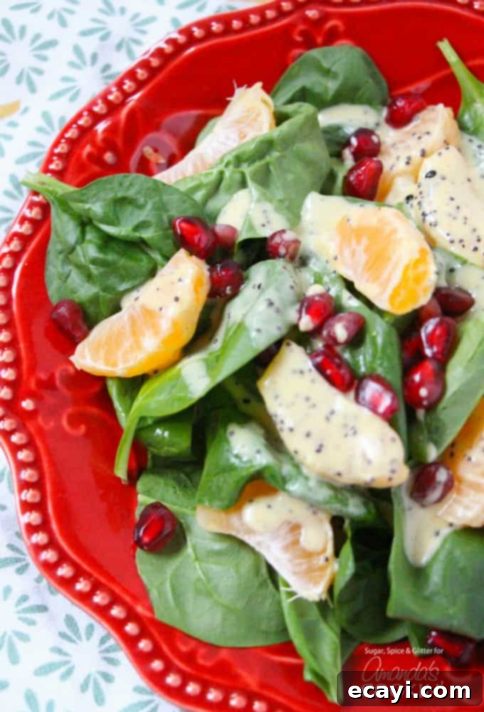 Jewel-Toned Pomegranate Clementine Spinach Salad 2 A close up of a pomegranate clementine spinach salad on a red plate.