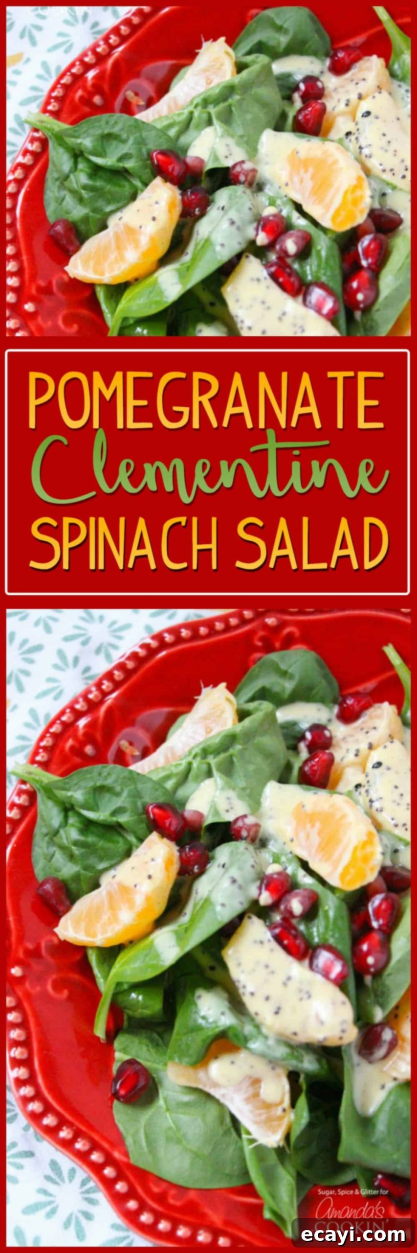 Jewel-Toned Pomegranate Clementine Spinach Salad 7 Overhead photos of a pomegranate clementine spinach salad on a red plate.