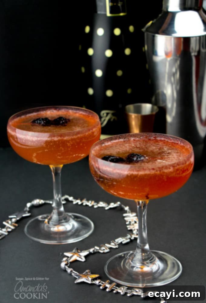 No matter what the celebration, these gorgeous champagne cocktails are ideal for any occasion. New Year's Eve, weddings, anniversaries, promotions and more! #newyears #partydrinks #champagne #rum #blackberries #cocktails #valentine #valentinesday #darkrum #anniversary Champagne cocktails in glasses for New Years
