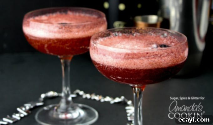 No matter what the celebration, these gorgeous champagne cocktails are ideal for any occasion. New Year's Eve, weddings, anniversaries, promotions and more! #newyears #partydrinks #champagne #rum #blackberries #cocktails #valentine #valentinesday #darkrum #anniversary Champagne cocktails in glass, horizontal shot