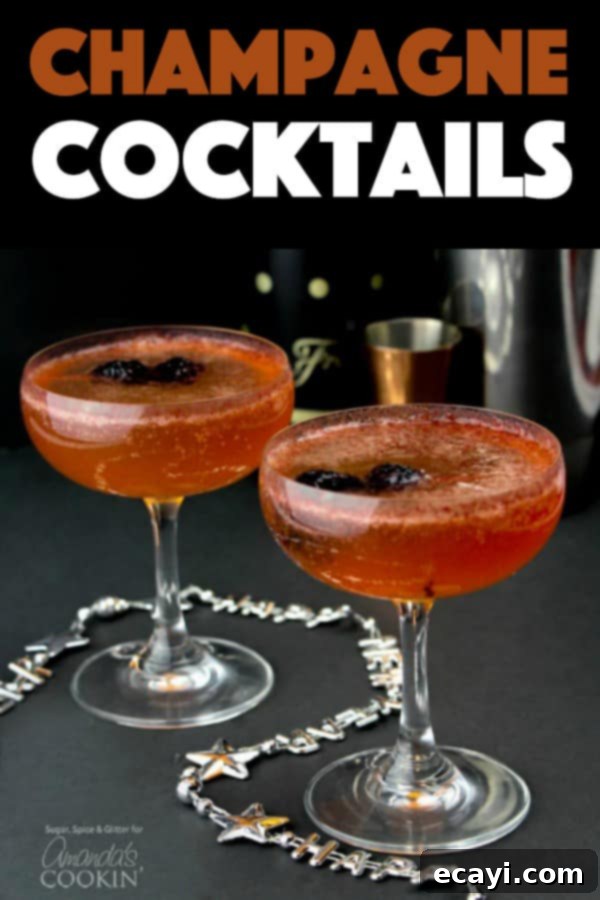 No matter what the celebration, these gorgeous champagne cocktails are ideal for any occasion. New Year's Eve, weddings, anniversaries, promotions and more! #newyears #partydrinks #champagne #rum #blackberries #cocktails #valentine #valentinesday #darkrum #anniversary Champagne Cocktails