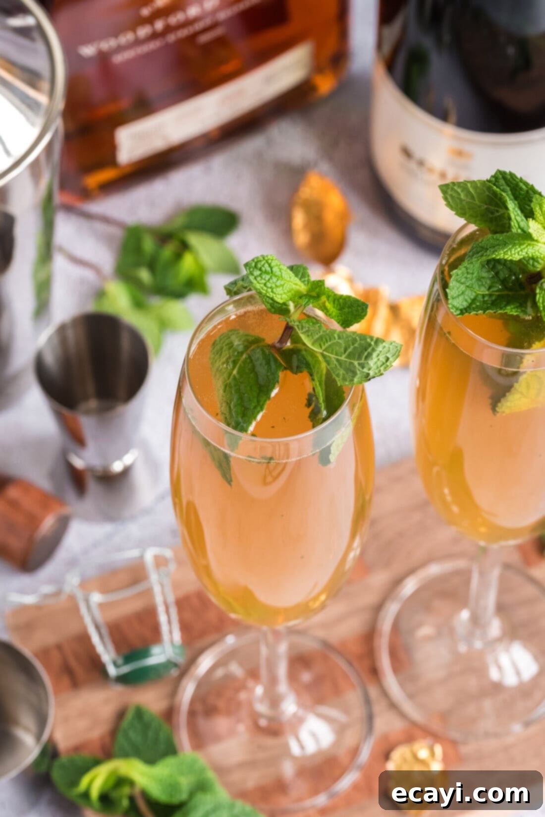 Minty Sparkle 10 Two Fizzy Julep cocktails on a wooden board