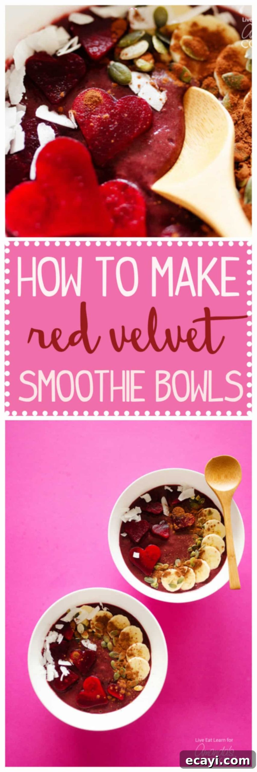 Decadent Red Velvet Smoothie Bowls 6 A close up photo of a red velvet smoothie bowl and an overhead photo of two red velvet smoothie bowls.