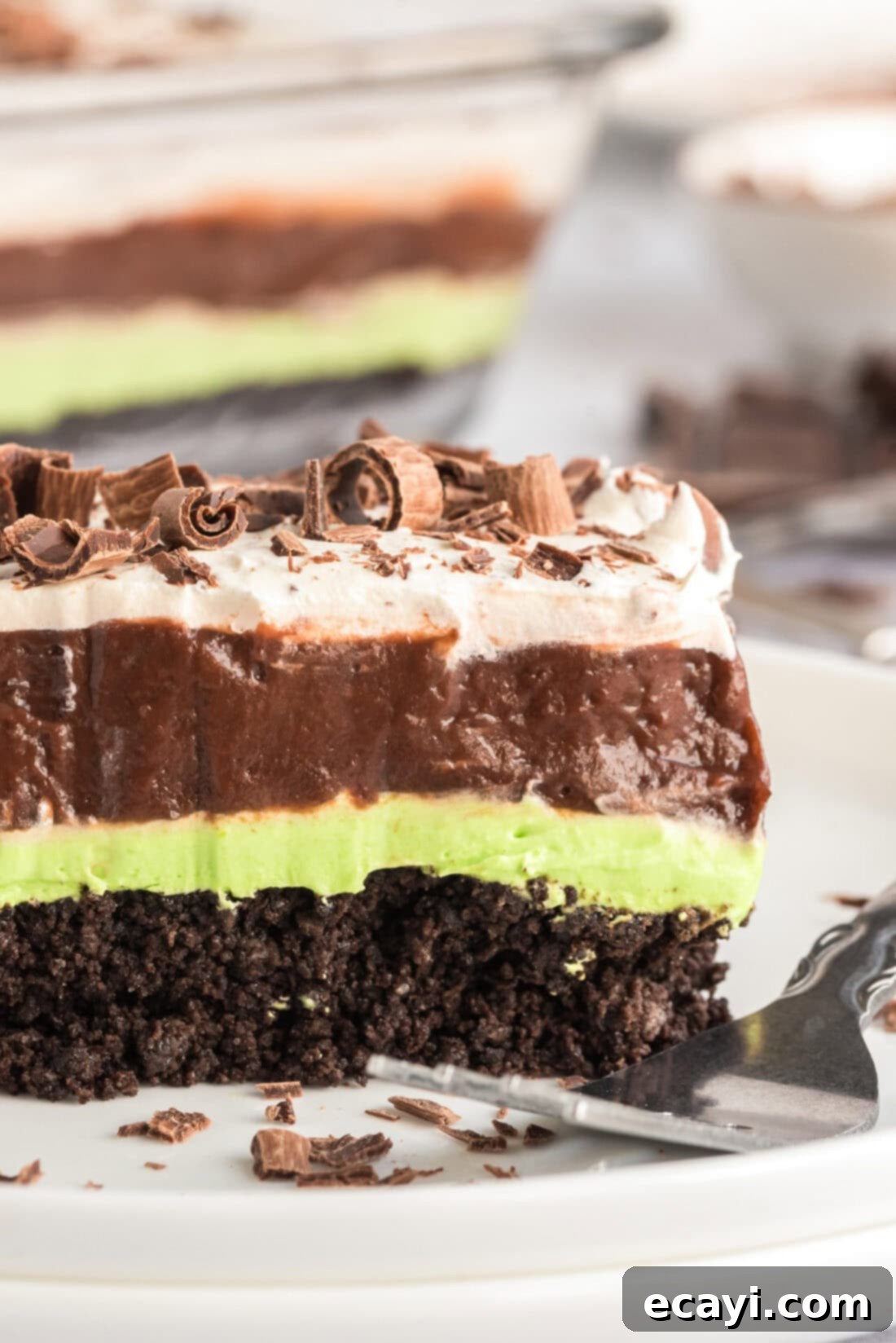 No-Bake Mint Chocolate Lasagna 12 Close up photo of a slice of Mint Chocolate Lasagna