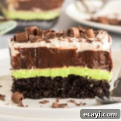 No-Bake Mint Chocolate Lasagna 13 Slice of Mint Chocolate Lasagna on a plate