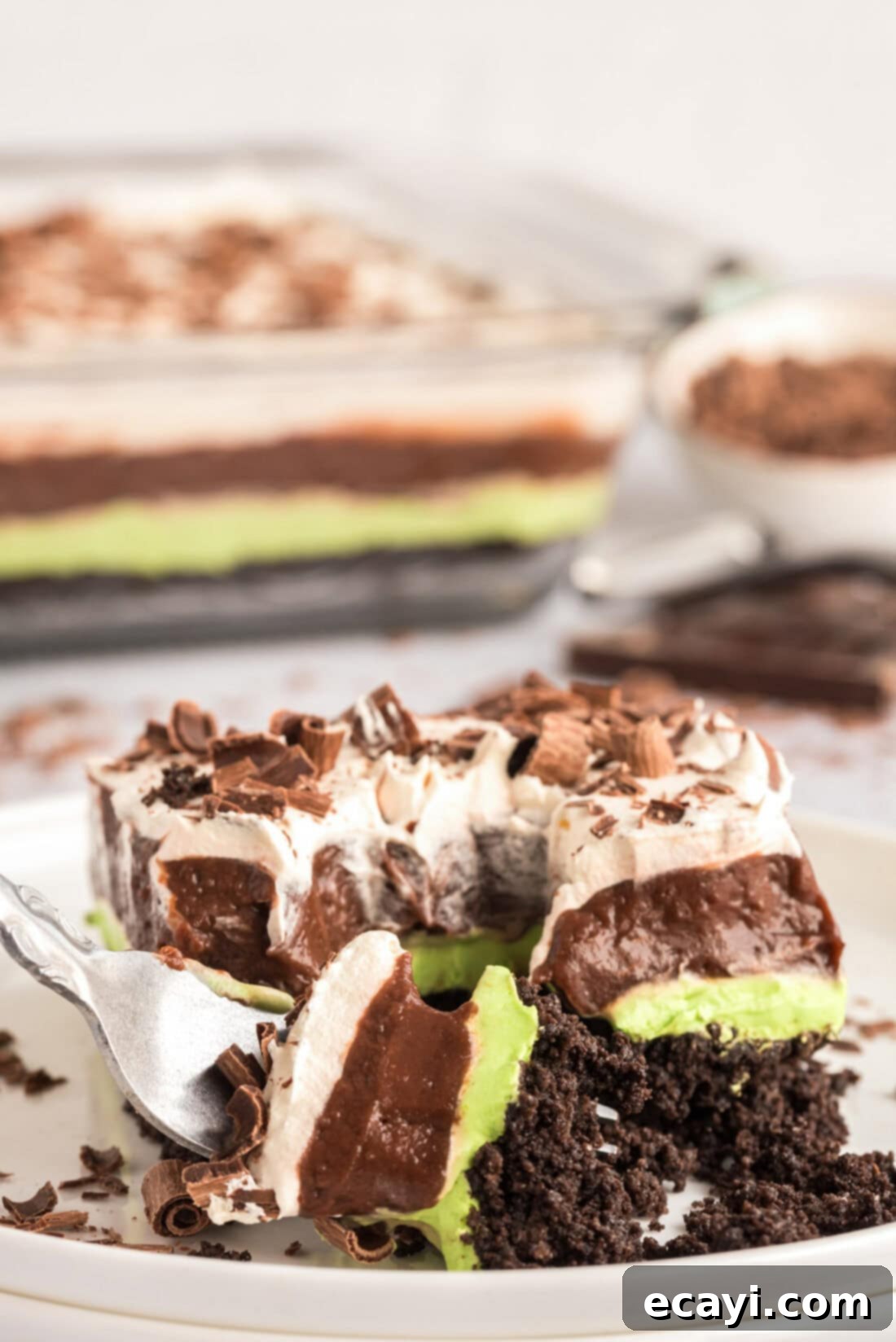 No-Bake Mint Chocolate Lasagna 3 Fork breaking apart a piece of Mint Chocolate Lasagna