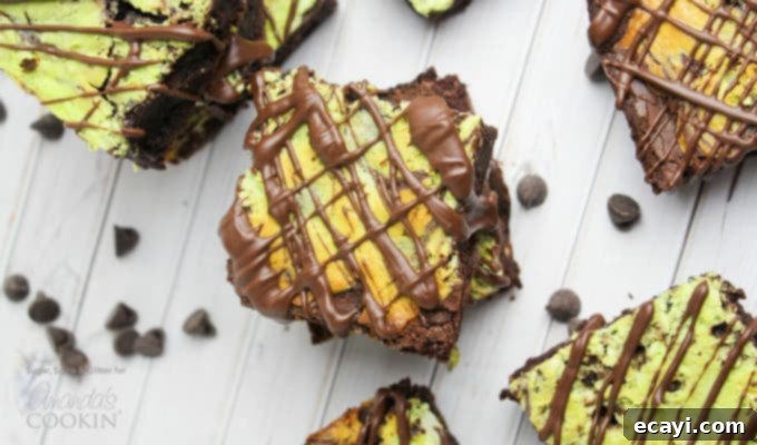 Cool Mint Swirl Brownie Cheesecake 4 Overhead picture of a marbled mint cheesecake brownie square.