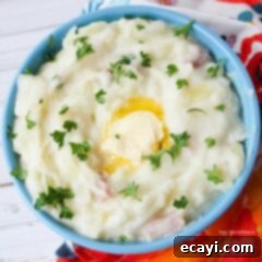 Irish Colcannon 5 A bowl of colcannon mashed potatoes topped with chopped parsley and melted butter.
