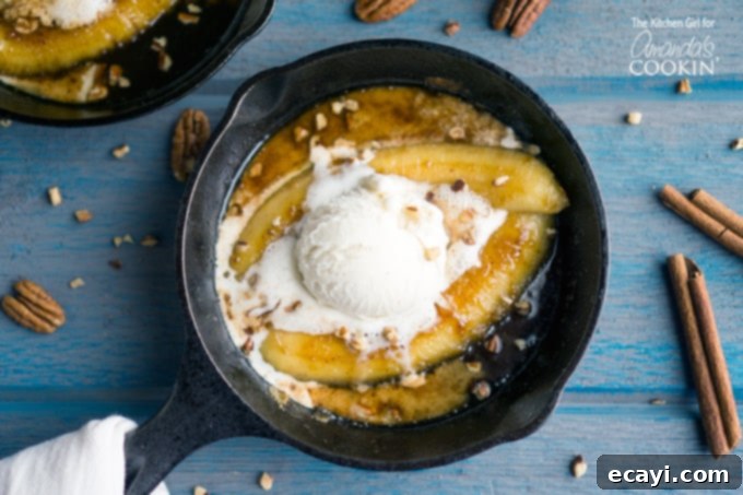My Solo Bananas Foster Indulgence 4 Single serve banana foster topped with vanilla ice cream in a 5\" skillet.