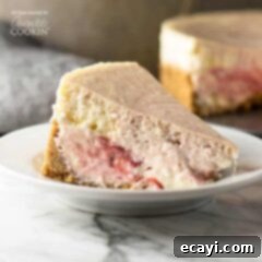 Luscious Strawberry Swirl Cheesecake 6 A slice of strawberry swirl cheesecake resting on a white plate, showcasing its delightful texture and fruity swirl.