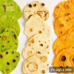 Craft Your Own Flavorful Flour Tortillas 5 An overhead picture of three different kinds of homemade tortillas laying on a white platter.