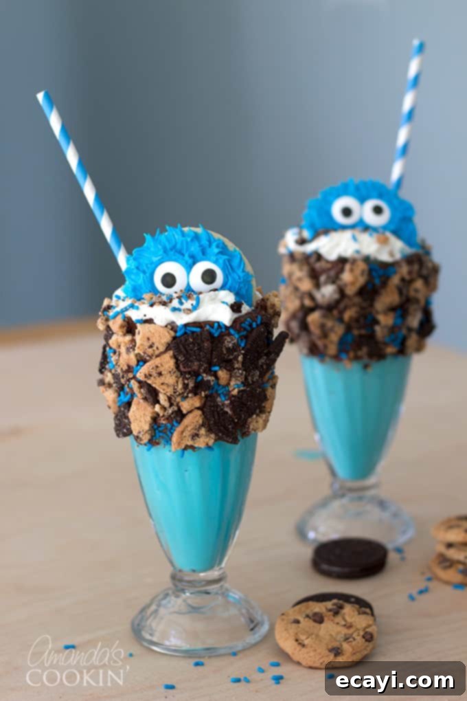 Cookie Monster Freakshakes are fun blue milkshakes topped with Cookie Monster cookies and surrounded by chocolate chip cookie pieces! #cookiemonster #cookiemonstershake #cookiemonsterparty #cookiemonsterrecipes #cookiemonsterfood #freakshake #cookies #icecream #milkshake #shakerecipes #sesamestreet #blueshakes  Two vibrant blue Cookie Monster freak shakes, adorned with whipped cream, sprinkles, cookie crumbles, and topped with cute Cookie Monster sugar cookies with edible googly eyes. The background shows a wooden surface with scattered chocolate chip cookie pieces, suggesting a fun, whimsical dessert theme perfect for parties.