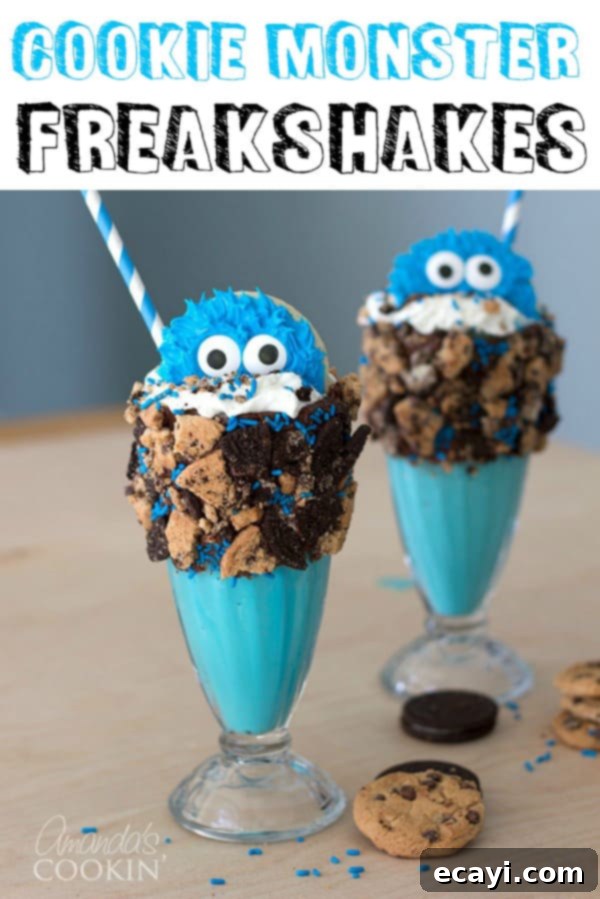 These Cookie Monster Freak Shakes are super easy to make and loaded with delicious cookies. The cuteness is just an added bonus with these milkshakes! #cookiemonster #freakshakes #milkshakes #icecream #dessert #sesamestreet #oreos A tall, blue Cookie Monster Freak Shake topped with whipped cream, sprinkles, and a full Cookie Monster sugar cookie, with chocolate chip cookies scattered around its base. The image is a vertical shot designed for social media, emphasizing the fun and delicious aspects of the dessert with relevant hashtags.