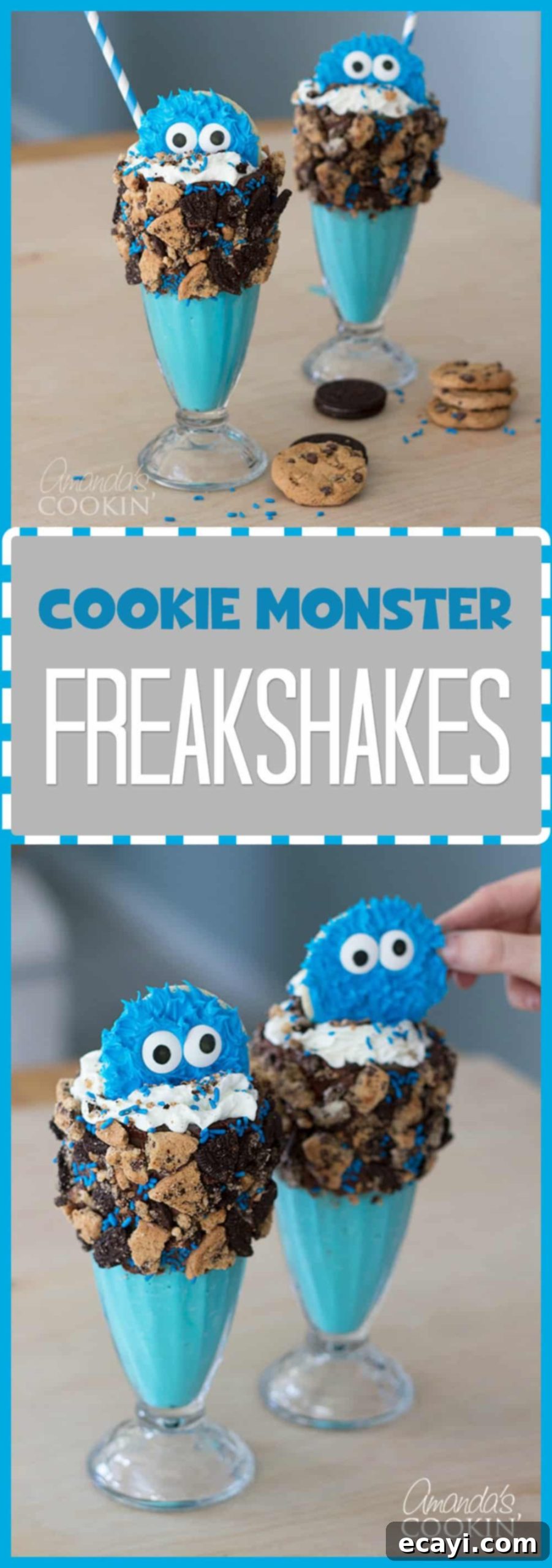 Ultimate Cookie Monster Freakshakes 8 A Pinterest-optimized image for Cookie Monster Freak Shakes, featuring a vibrant blue milkshake with whipped cream, sprinkles, and a Cookie Monster cookie on top. Text overlays announce 'Cookie Monster Freak Shakes - So Cute & Easy!' with additional descriptive text for sharing on social media platforms.