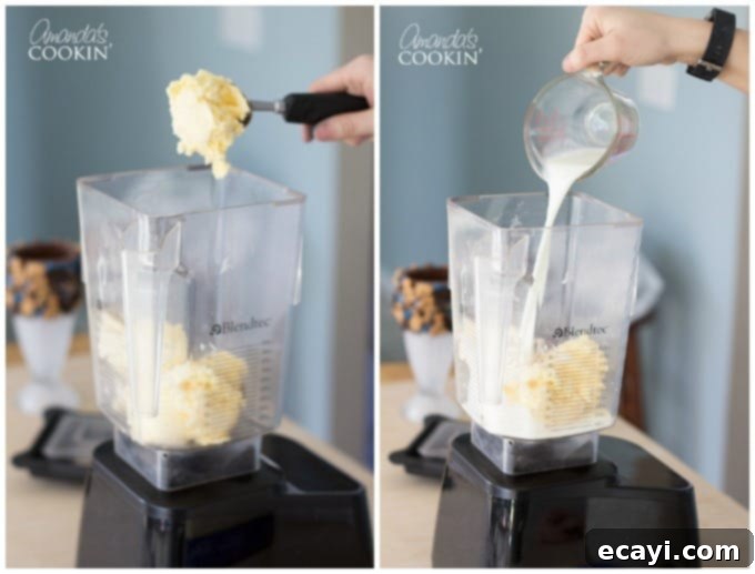 Ultimate Cookie Monster Freakshakes 5 Five scoops of vanilla ice cream and half a cup of milk in a blender, ready to be transformed into a creamy milkshake base. The ingredients are clearly visible against a light background.