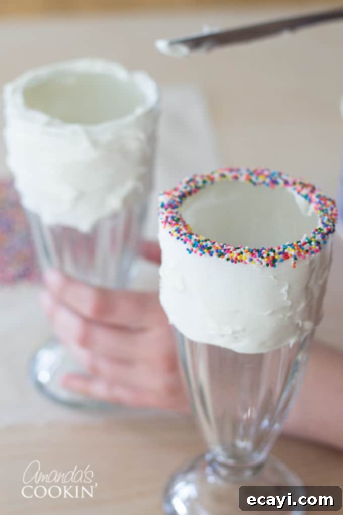 Elmo's Ultimate Freakshakes 5 A close-up of a milkshake glass rim generously coated with multi-colored sprinkles, creating a vibrant border.