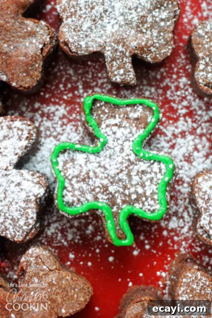 Lucky Clover Brownie Bites 2 Delicious shamrock shaped brownie, perfect for St. Patrick's Day celebrations.