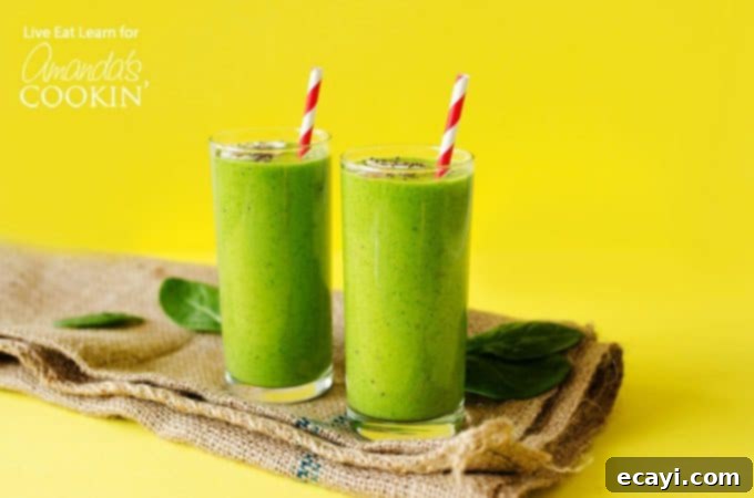 The Green Smoothie Guide 2 Green smoothies in glasses on a yellow background with paper straws, emphasizing health and freshness.