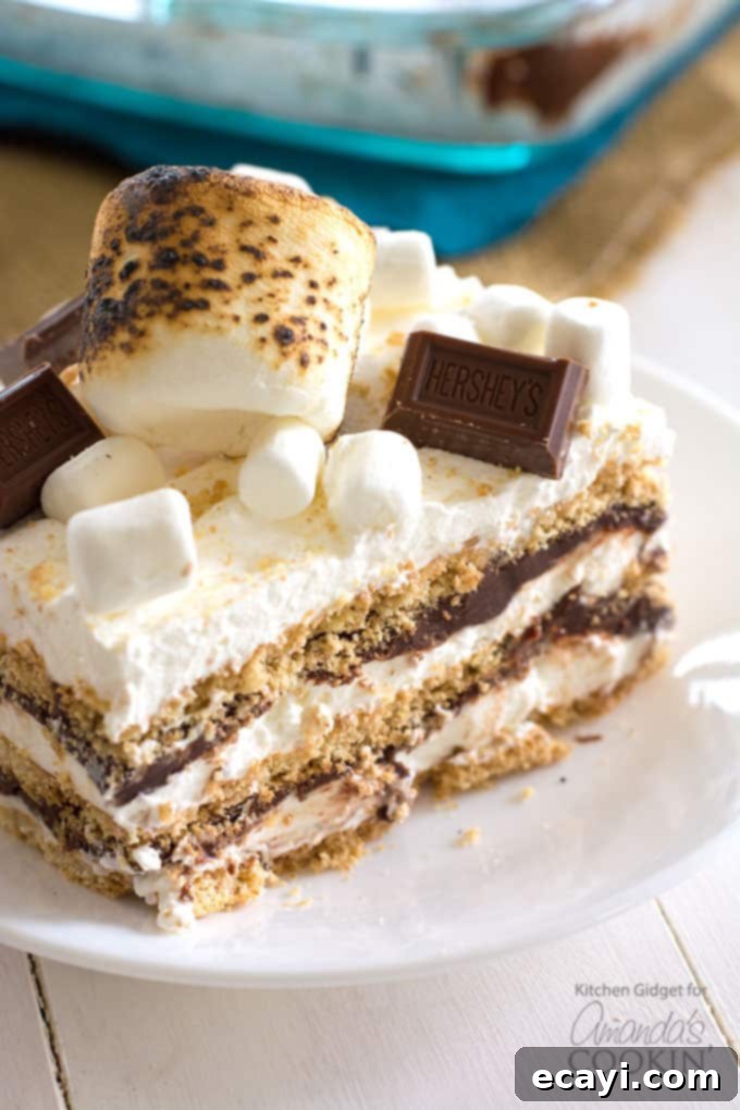 Indulge in our S'mores Icebox Cake: Layers of graham crackers, marshmallow whipped cream, and chocolate ganache. close up of a slice of s'mores icebox cake with melted marshmallow on top