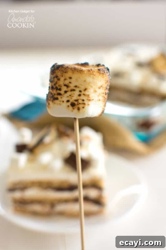 Toast marshmallows for the perfect s'mores finish to your icebox cake. close up of a roasted marshmallow on a stick, ready for garnish