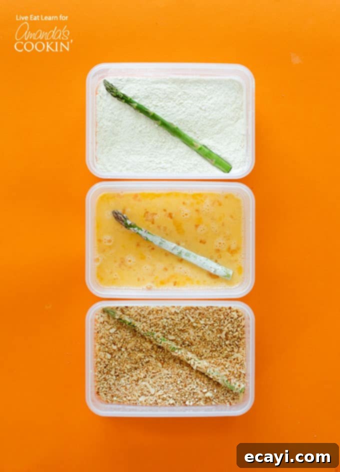 Crispy Almond Parmesan Asparagus Fries 2 three trays showing the steps for making asparagus fries