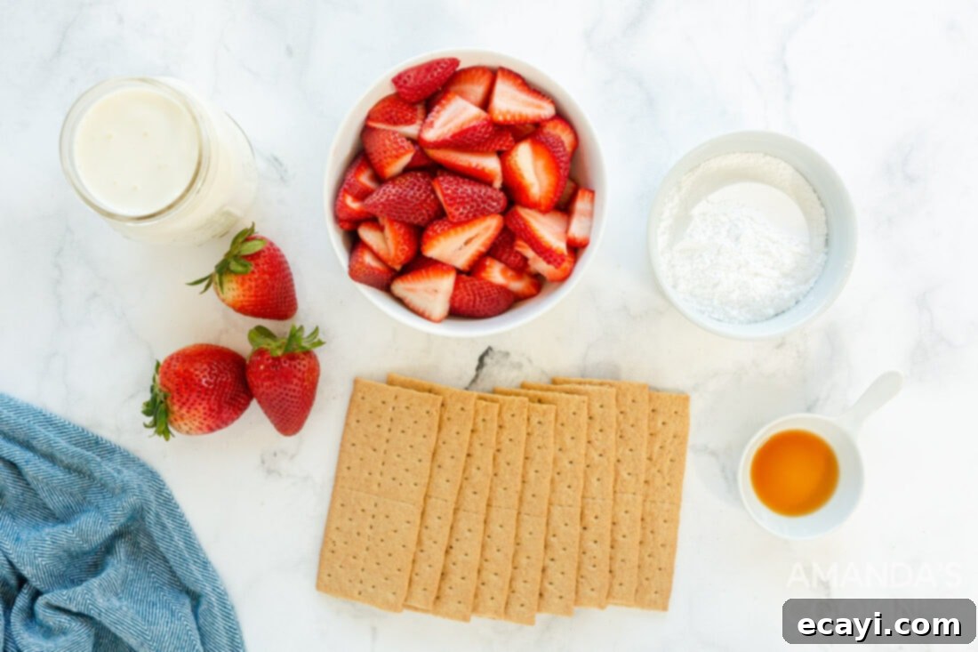 Strawberry Cloud Cake 4 ingredients for strawberry icebox cake laid out: strawberries, graham crackers, heavy cream, powdered sugar, vanilla