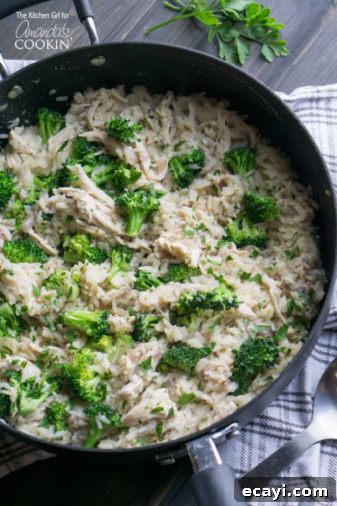 Skillet Chicken and Broccoli & Rice: A complete meal in one pan. Creamy One-Skillet Chicken Broccoli and Rice, a perfect easy dinner