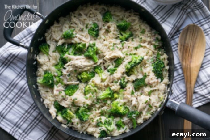 For this skillet chicken dish, you simply saute the onions and garlic, toast and steam the rice in whole milk, add cooked chicken, broccoli, and seasonings...all in one skillet. Skillet with sautéed onions, garlic, and toasting rice, an early step in the recipe