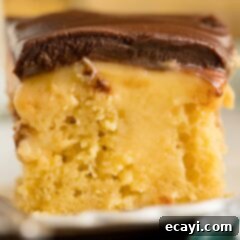 Boston Cream Infusion Dream 7 close up of a slice of Boston cream poke cake showing pudding inside