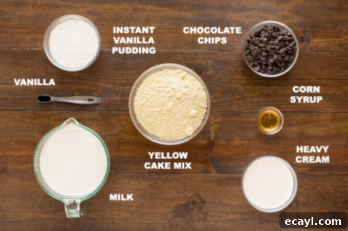 Boston Cream Infusion Dream 2 photo of labeled ingredients for boston cream poke cake: yellow cake mix, milk, pudding ,chocolate chips, corn syrup, heavy cream, vanilla
