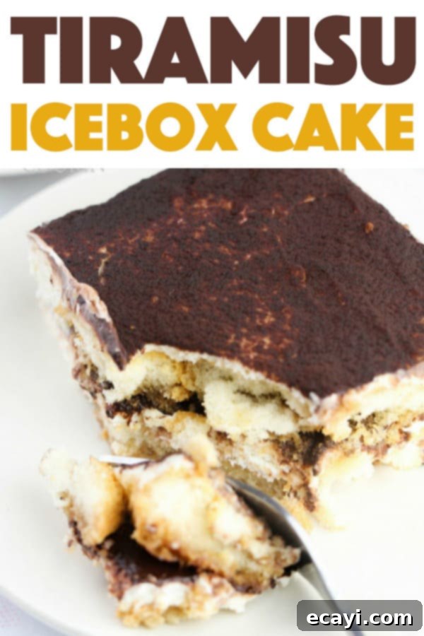 This no-bake Tiramisu Icebox Cake comes together in minutes and is the perfect dessert with a cup of coffee or after a traditional Italian meal. #tiramisu #iceboxcake #refrigeratorcake #tiramisudessert #dessertrecipes #dessert #coffee #espresso #cocoa #italiandessert pinterest image with text
