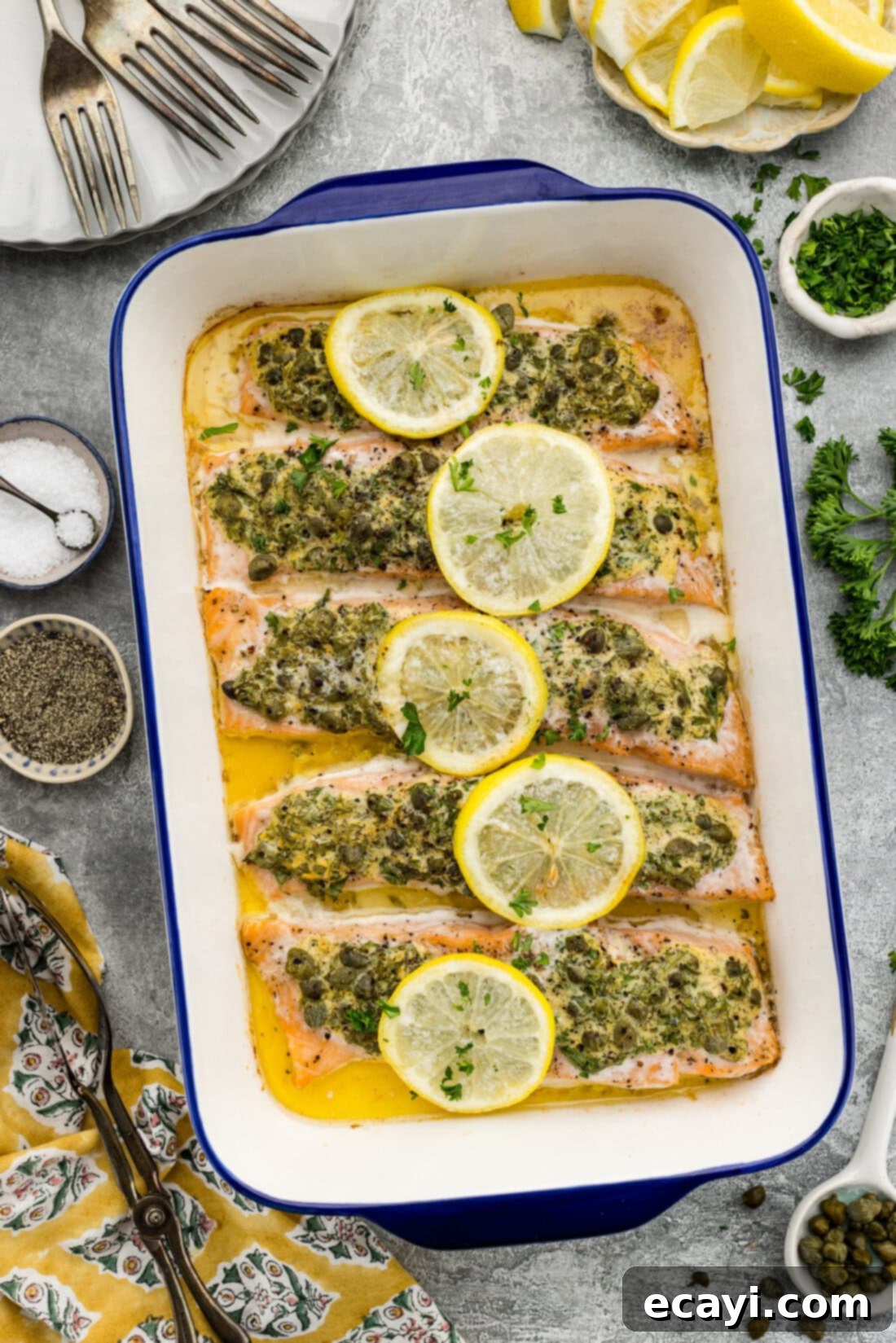 Zesty Lemon Caper Salmon 2 Baking pan of Lemon Caper Salmon