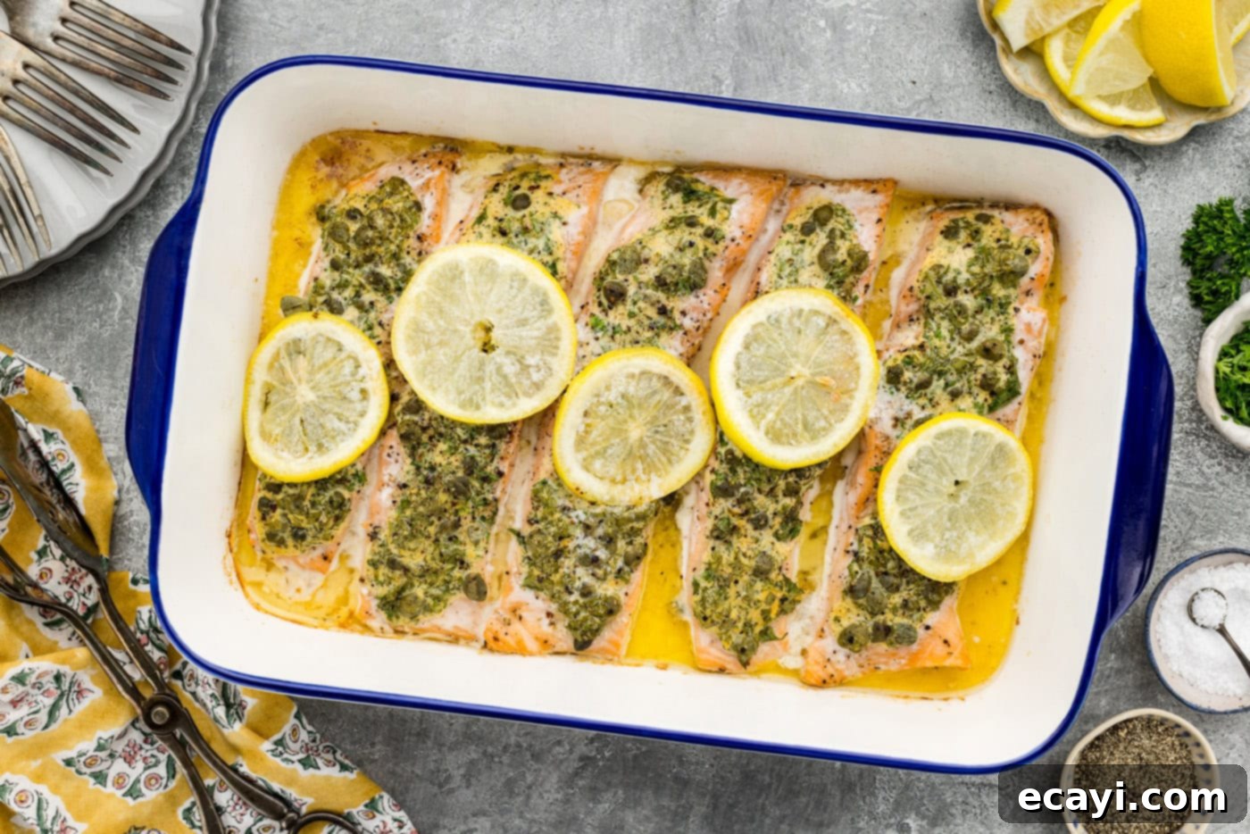 Zesty Lemon Caper Salmon 8 Baked lemon caper salmon in a dish