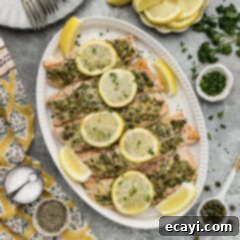 Zesty Lemon Caper Salmon 10 Close up photo of a platter of Lemon Caper Salmon