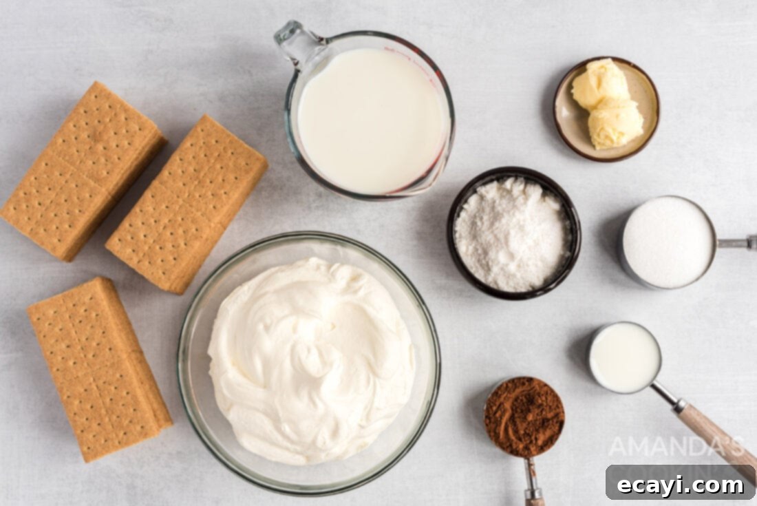 Decadent Eclair Delight 4 Ingredients laid out for making eclair cake, including graham crackers, pudding mix, milk, whipped topping, cocoa, and sugar