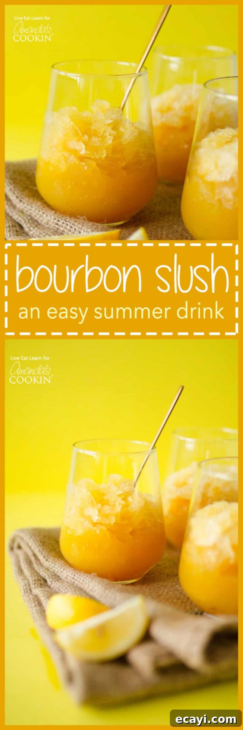 This Easy Bourbon Slush has just 5 ingredients and comes together in minutes! Just mix it, freeze it, and forget it until you’re ready to enjoy! #bourbon #alcoholicdrinks #partydrinks #summerdrinks #frozendrinks #adultbeverages #drinkrecipes #potlucks #summer #lemon bourbon slush cocktail